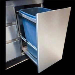 Basurero a medida en acero inoxidable con cierre lento y rieles reforzados, fabricado por PROGRILL