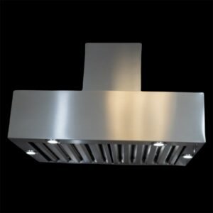 Campana extractora a medida en acero inoxidable con filtros de laberinto y extractor de 14 pulgadas, fabricada por PROGRILL para cocinas profesionales