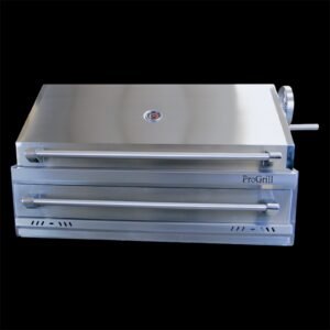 Asador premium a carbón a medida en acero inoxidable 304 grado alimenticio con tapa doble, parrilla seccionada y termómetro, fabricado por PROGRILL