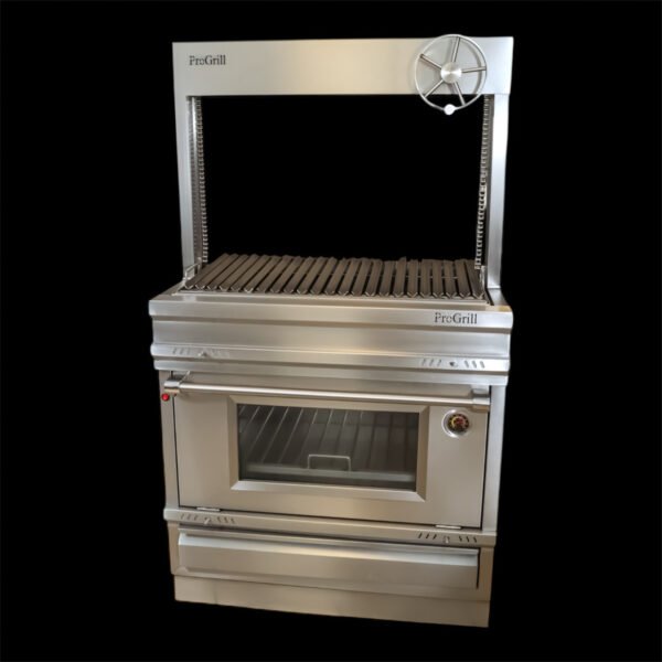 Asador a carbón tipo C con horno ataúd, elevador de volante y parrilla en acero inoxidable 304.